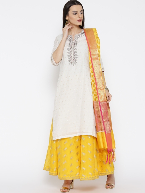 

Biba Women Off-White & Yellow Self-Design Kurta with Palazzos & Dupatta