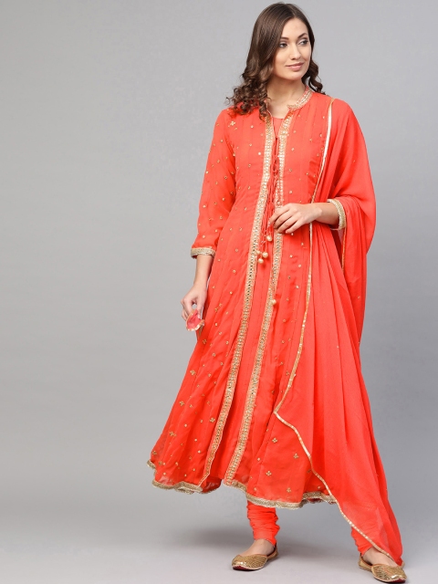 

Biba Women Peach-Coloured Layered Kurta with Churidar & Dupatta