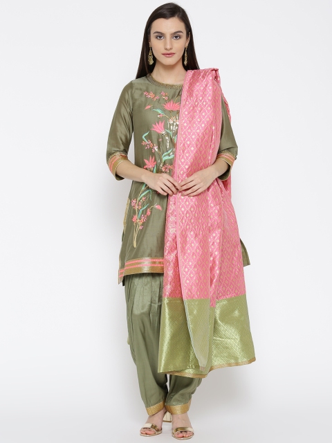 

Biba Women Olive Green Embroidered Kurta with Salwar & Dupatta