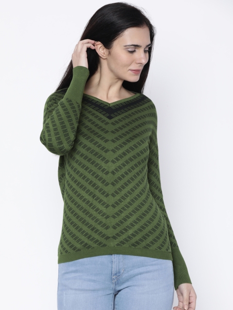 

Madame Women Olive Green Self Design Pullover
