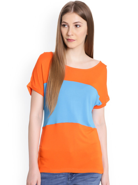 

United Colors of Benetton Women Orange & Blue Colourblocked Top