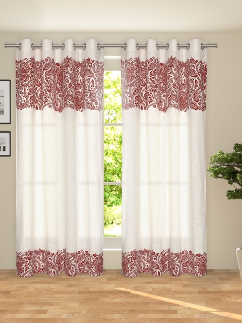 

ROSARA HOME Set of 2 White & Red Printed Room Darkening Door Curtains