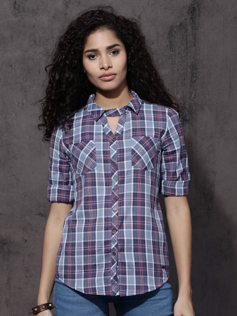 

Roadster Women Blue Slim Fit Checked Casual Shirt