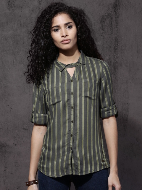 

Roadster Women Grey & Green Slim Fit Striped Casual Shirt