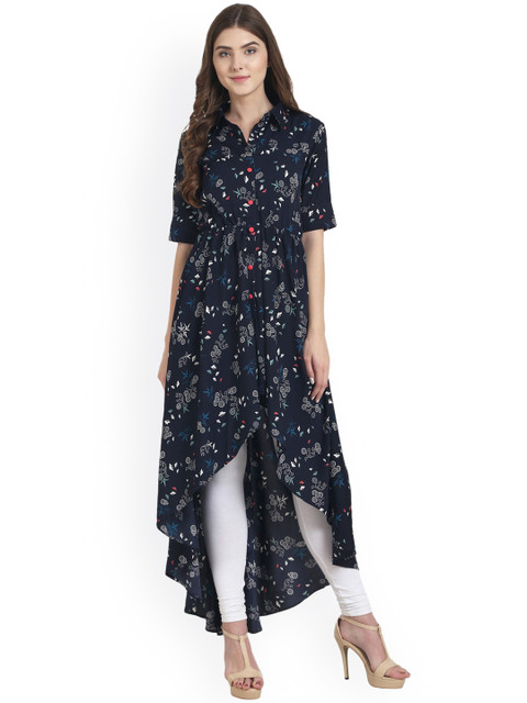 

Nayo Women Navy Blue & Off-White Printed High-Low A-Line Kurta