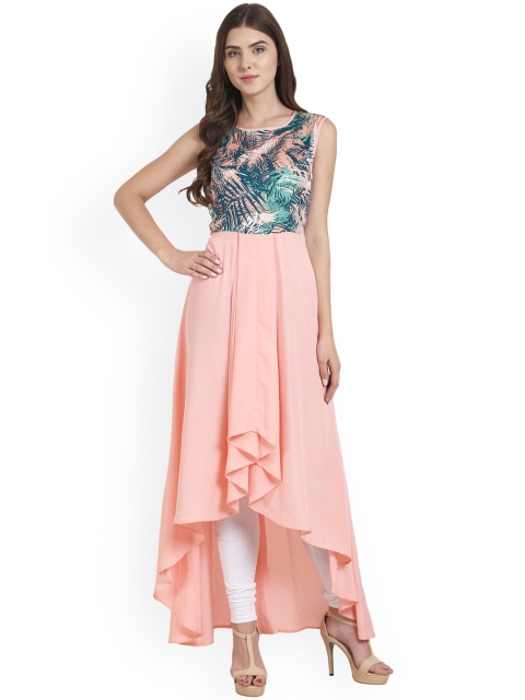

Nayo Women Peach-Coloured & Green Printed High-Low Anarkali Kurta