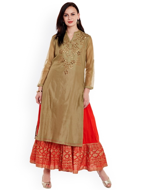 

Varanga Women Olive Brown Embellished Straight Kurta