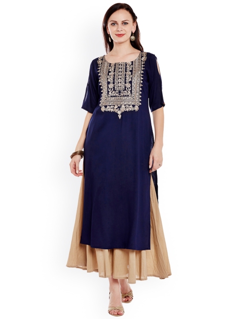 

Varanga Women Navy Blue Embroidered Straight Kurta