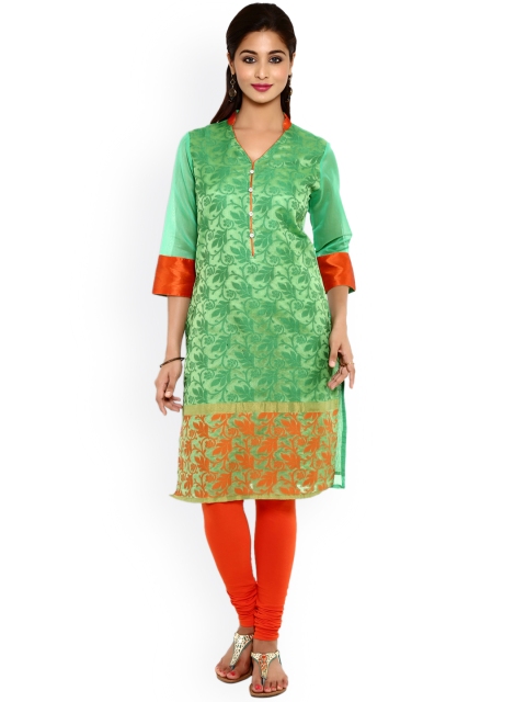 Aaboli Women Green Chanderi Silk Straight Kurta available at myntra for Rs.559