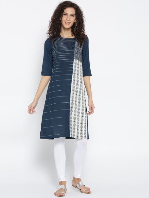 

AURELIA Women Navy & White Woven Design Straight Kurta, Navy blue