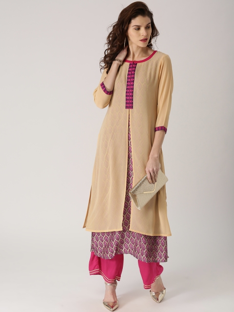 

Libas Women Beige & Magenta Printed Georgette Layered Straight Kurta