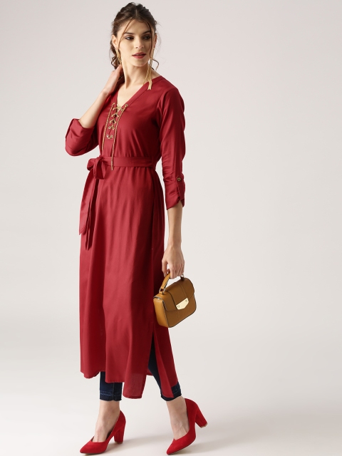 

Libas Women Red Solid Belted Straight Kurta