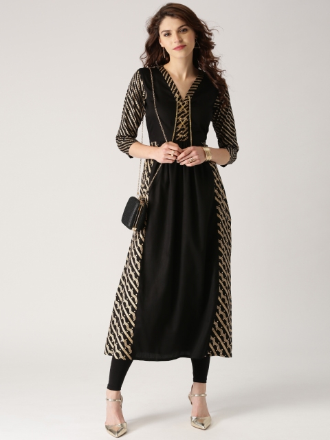 

Libas Women Black & Golden Block Print Anarkali Kurta