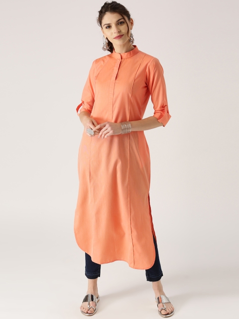 

Libas Women Coral Orange Pinstriped Straight Kurta