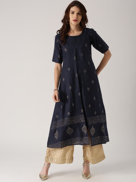 

Libas Women Navy Blue Block Printed Straight Kurta