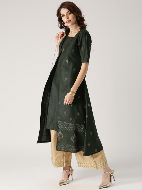 

Libas Women Green Solid Straight Kurta with Printed Ethnic Jacket