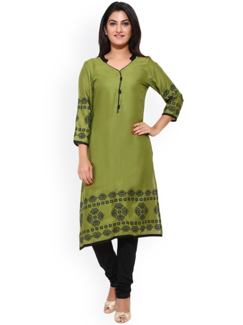 

Aaboli Women Olive Green Ethnic Print Straight Kurta