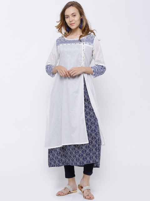 

Vishudh Women White & Blue Printed A-Line Kurta