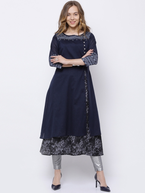 

Vishudh Women Navy Blue & Grey Printed A-Line Kurta