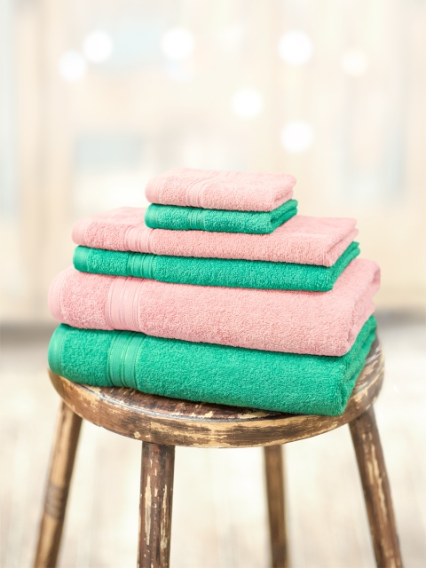 

swiss republic Set of 6 Green & Pink 450 GSM Cotton Towels