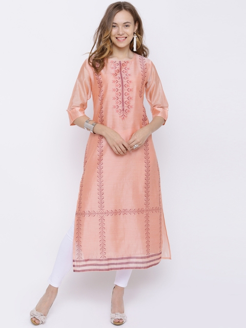 

Vishudh Women Peach-Coloured Printed Straight Kurta