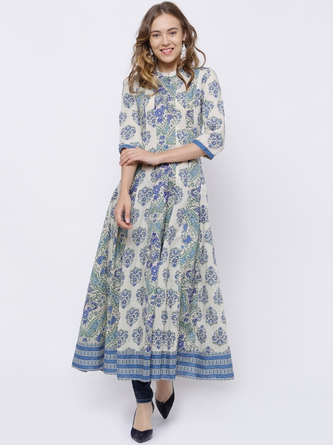 

Vishudh Women Cream-Coloured & Blue Printed Anarkali Kurta