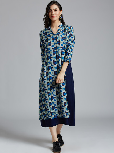 

Jaipur Kurti Women Navy Blue Printed A-Line Dress