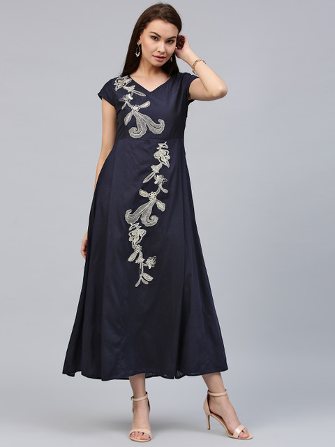 

Jaipur Kurti Women Navy Blue Embroidered Maxi Dress