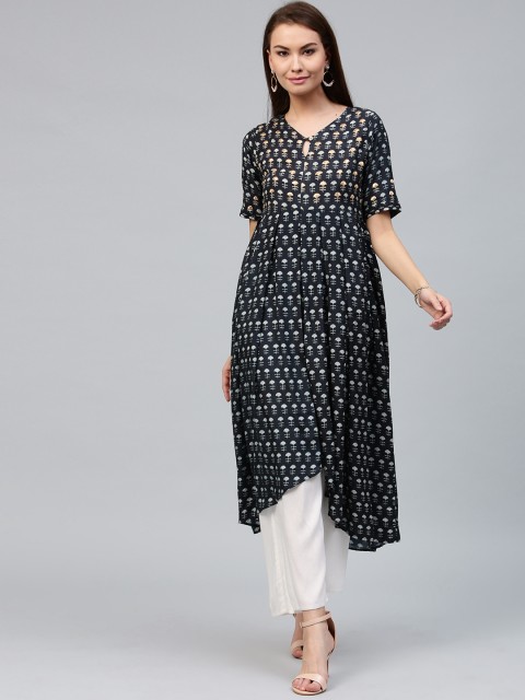 

Jaipur Kurti Women Navy Blue & Off-White Printed A-Line Kurta
