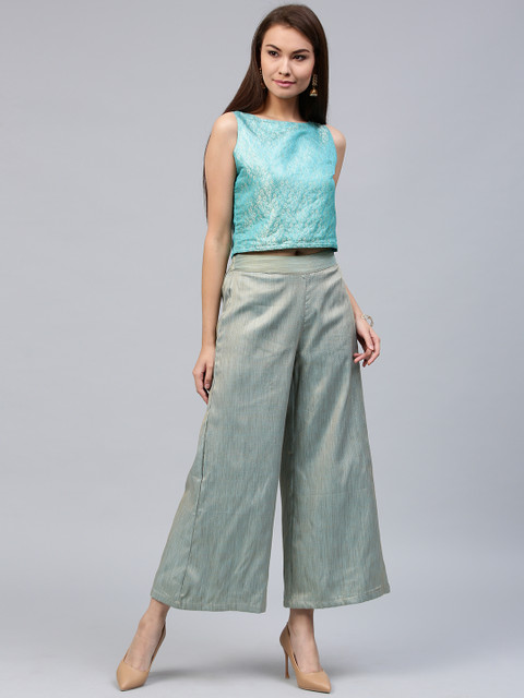 

Jaipur Kurti Women Blue & Gold-Toned Self Design Top with Palazzos