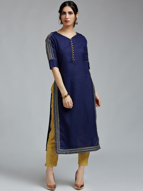 

Jaipur Kurti Women Navy Blue & Khaki Solid Kurta with Trousers