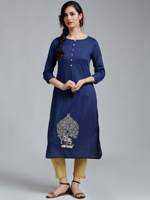 

Jaipur Kurti Women Blue & Beige Solid Kurta with Trousers