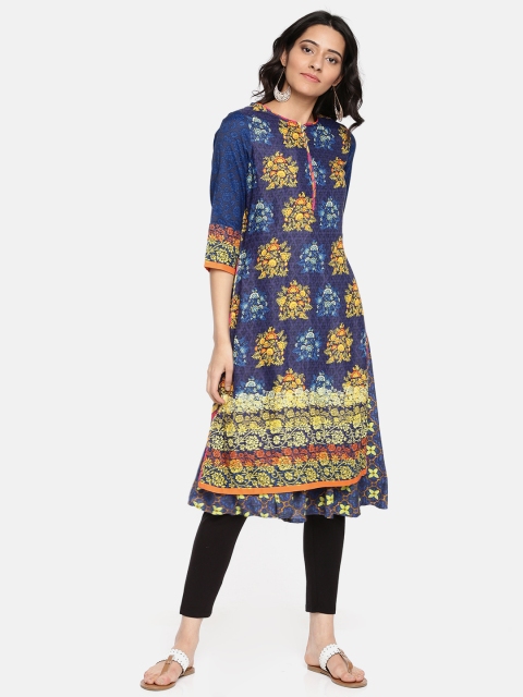 

Rangriti Women Navy & Mustard Yellow Floral Print Layered A-Line Kurta, Navy blue