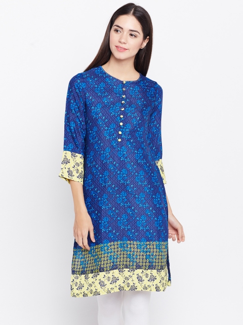 

Rangriti Women Navy Printed Straight Kurta, Navy blue