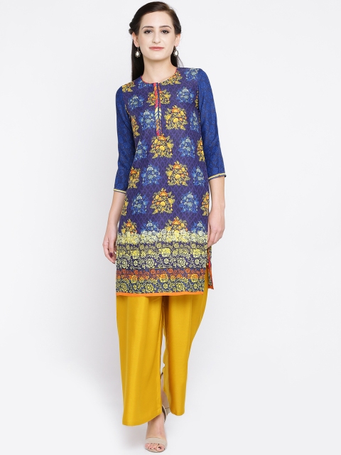 

Rangriti Women Navy & Yellow Printed Straight Kurta, Navy blue