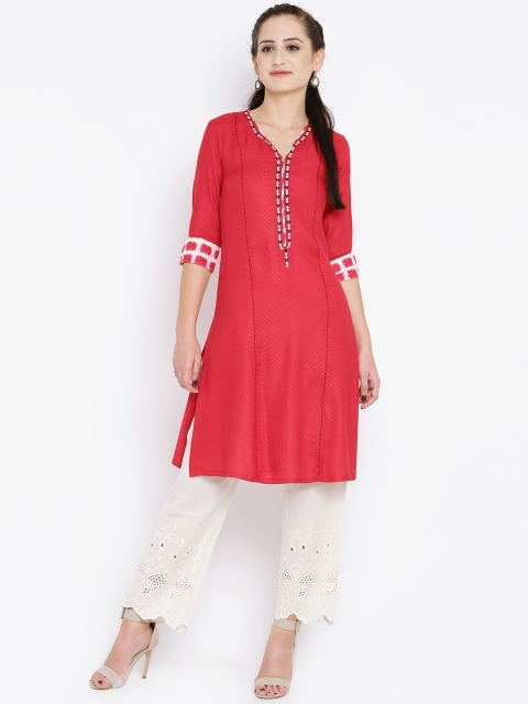 

Rangriti Women Red Woven Design Straight Kurta