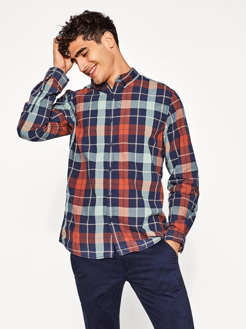 

ESPRIT Men Navy Blue & Rust Orange Slim Fit Checked Casual Shirt