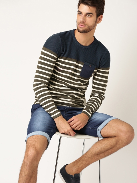 

ESPRIT Men Navy Blue & Olive Green Striped Pullover