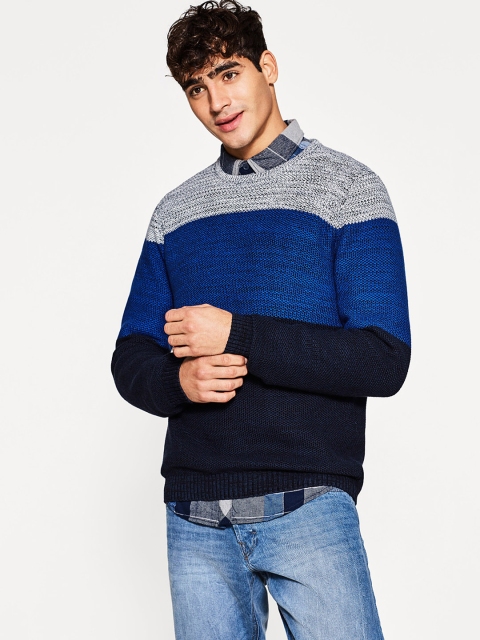 

ESPRIT Men Blue & Grey Striped Pullover