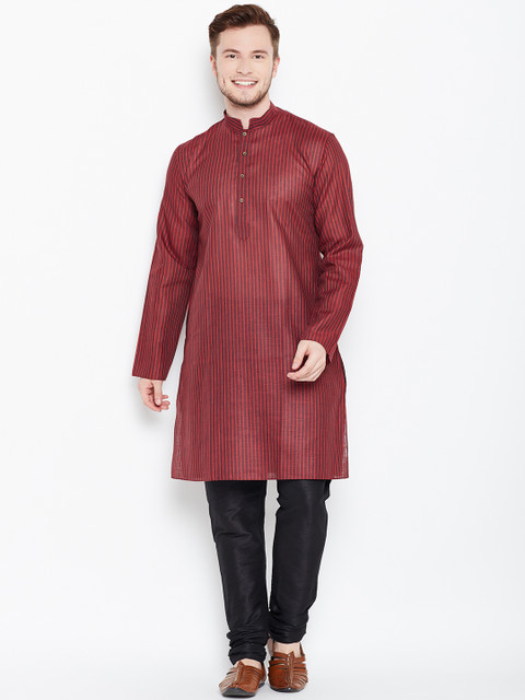 

Manyavar Men Maroon Striped Straight Kurta