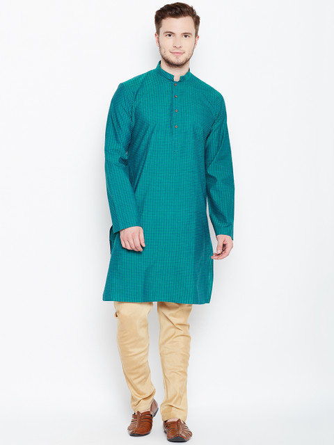 

Manyavar Men Green Striped Straight Kurta