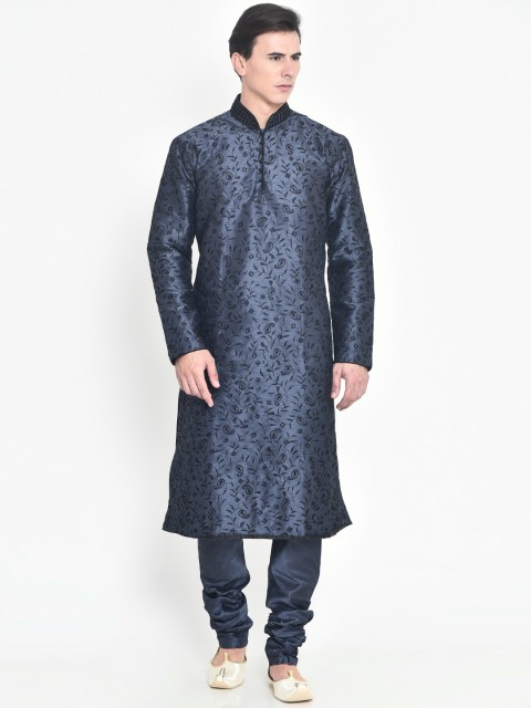 

Manyavar Men Navy Blue Embroidered Kurta with Pyjamas