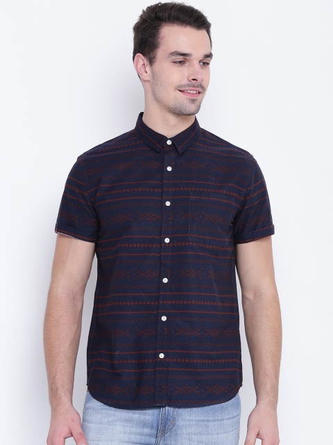 

FOREVER 21 Men Navy & Rust Orange Printed Casual Shirt, Navy blue