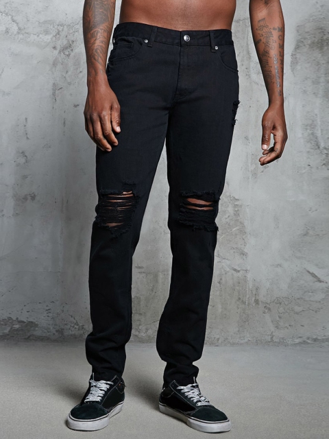

FOREVER 21 Men Black Regular Fit Mid-Rise Low Distress Jeans