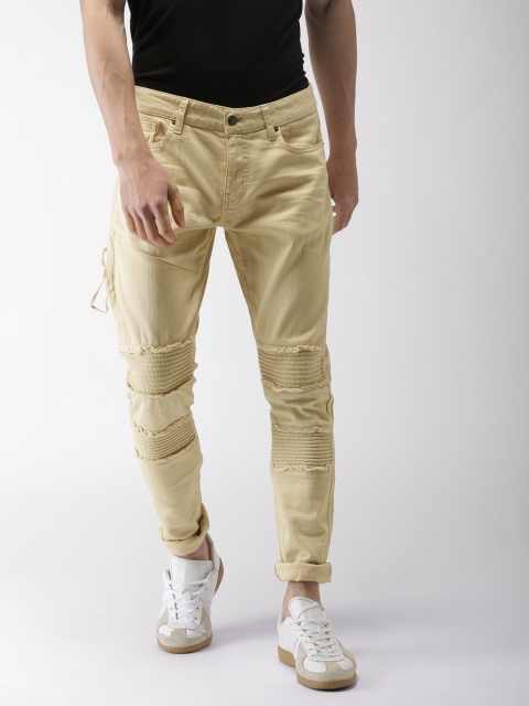 

FOREVER 21 Men Cream-Coloured Regular Fit Mid-Rise Low Distress Stretchable Jeans
