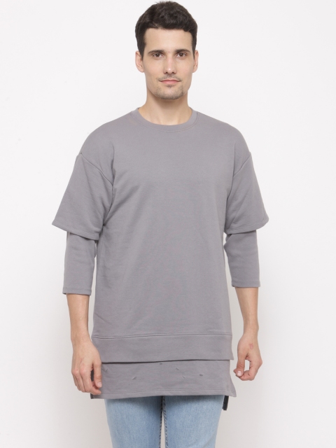 

FOREVER 21 Men Grey Solid Panelled Longline Sweatshirt
