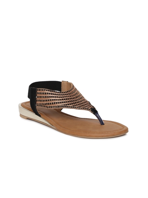 

Inc 5 Women Black & Gold-Toned Woven Design T-Strap Flats