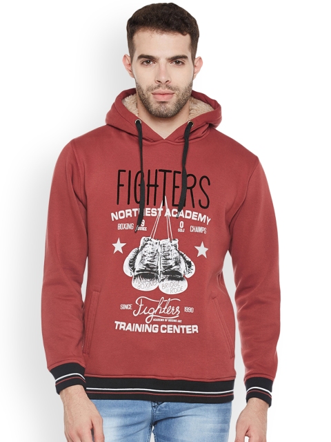 

Duke Men Rust Red Printed Hooded Sweatshirt