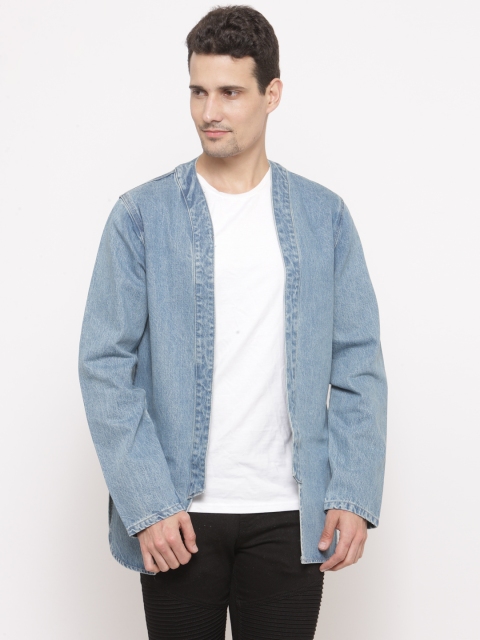 

FOREVER 21 Men Blue Solid Open Front Denim Jacket