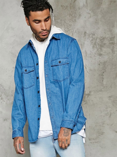 

FOREVER 21 Men Blue Solid Denim Shirt